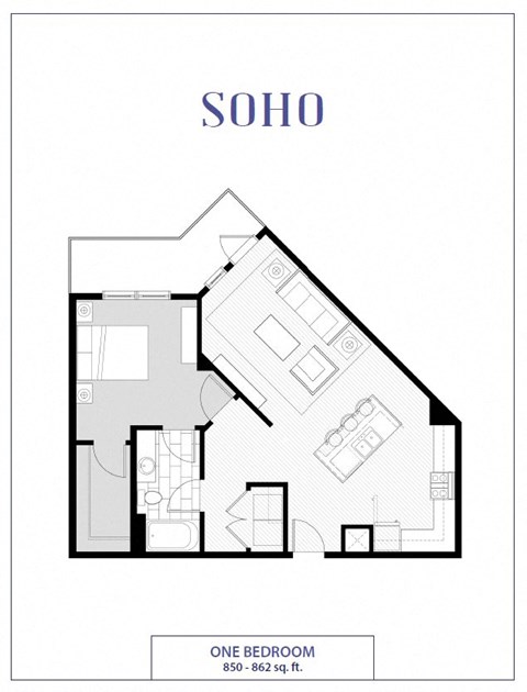 Floor plan for 1 bed, 1 bath, 802 sqft